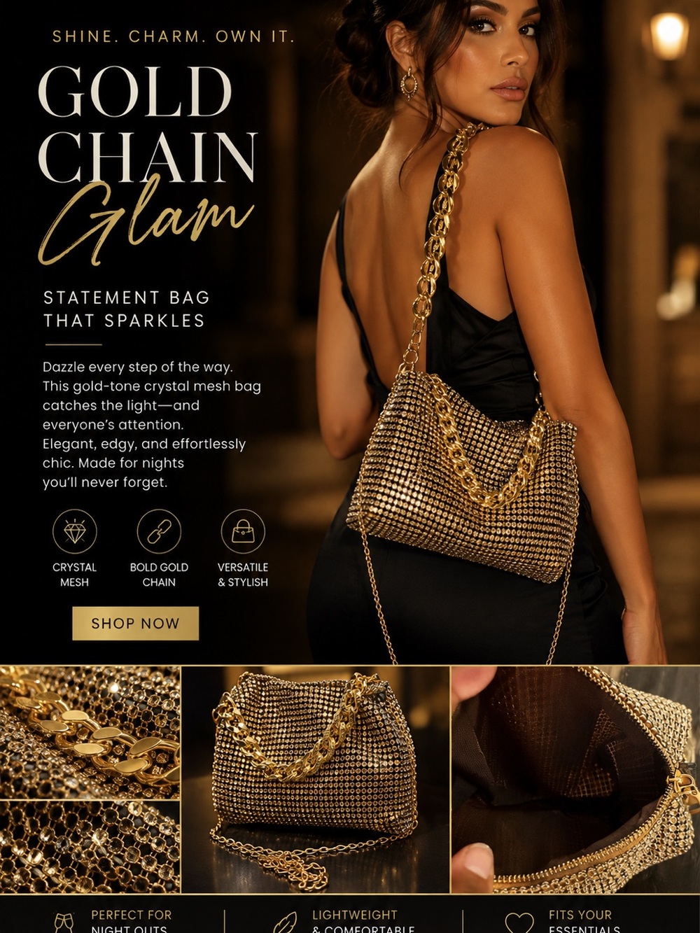 Gold Chain Crystal Mesh Shoulder Bag